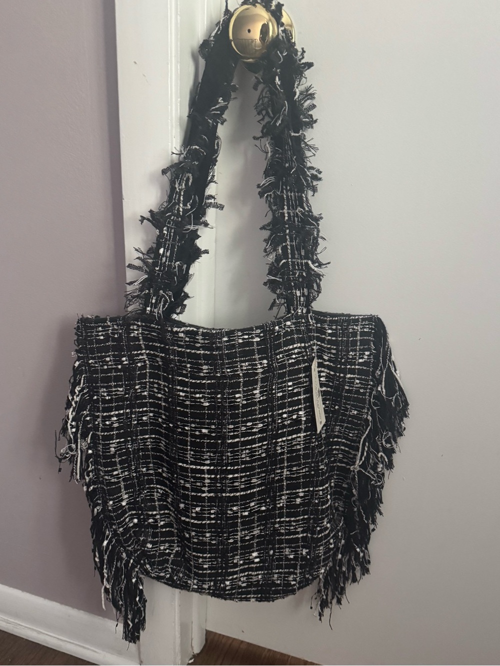 Black and White Tweed Fringe Tote Bag